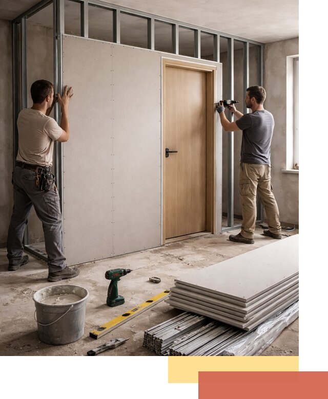 Перегородка из гипсокартона с дверью под ключ в Острогожске