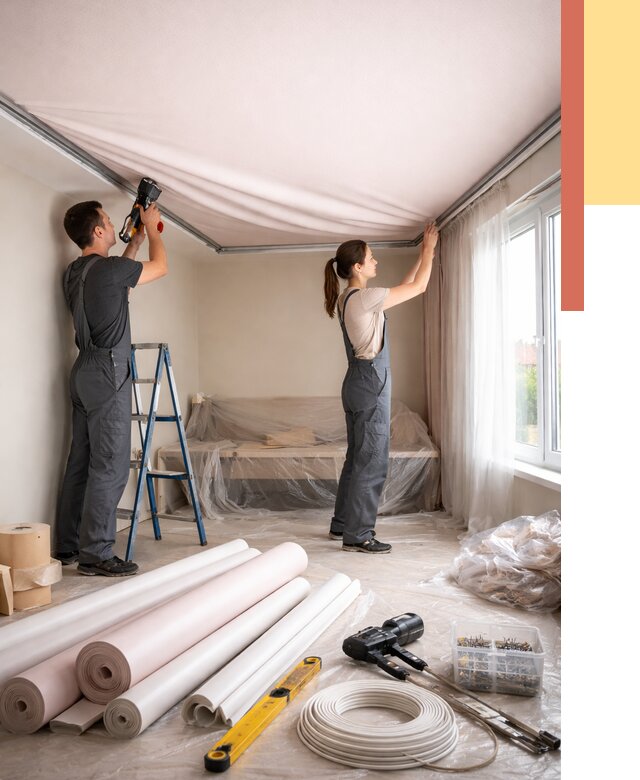 Монтаж цветного натяжного потолка в Острогожске от 4381 руб/м² — быстро и недорого | ОТДЕЛОЧНИК-Стг