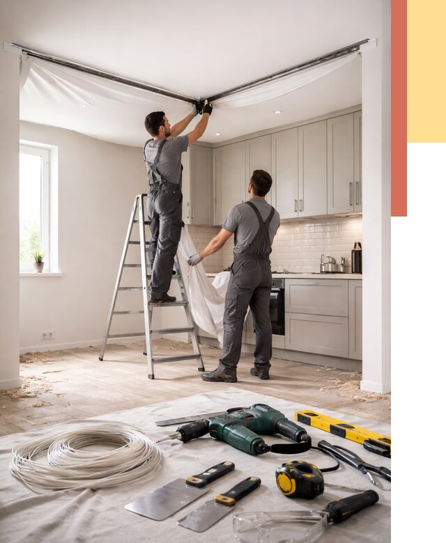 Установка натяжного потолка на кухне в Острогожске от 2503 руб. | ОТДЕЛОЧНИК-Стг