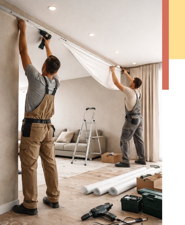 Монтаж натяжного потолка в гостиной в Острогожске от 574 руб. | ОТДЕЛОЧНИК-Стг