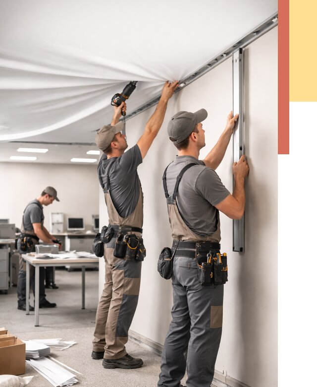 Монтаж натяжного потолка в офисе в Острогожске от 469 руб/м² — быстро и недорого | ОТДЕЛОЧНИК-Стг